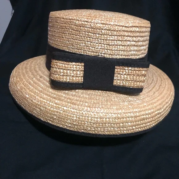 VERA PAGLIA vintage straw Italian straw hat. Black trim and bow of ribbon. Vintage Straw Hat - Natural Woven Wide Brim - Vera Paglia  main image 2